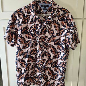 Tommy Hilfiger Men's Size Large L Cream Blue Button Down Tropical Leaf Shirt